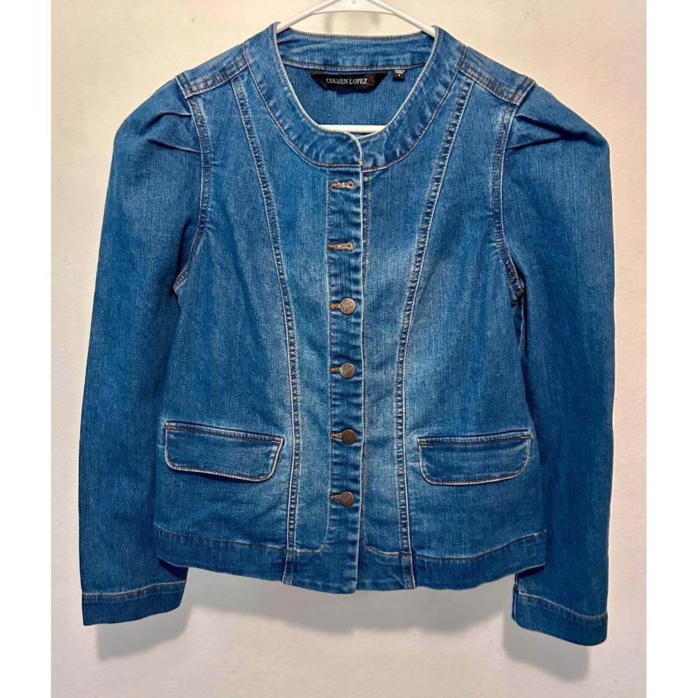 Colleen Lopez Womens Blue Denim Jacket Puff Sleeve Heart Button Collarless Small